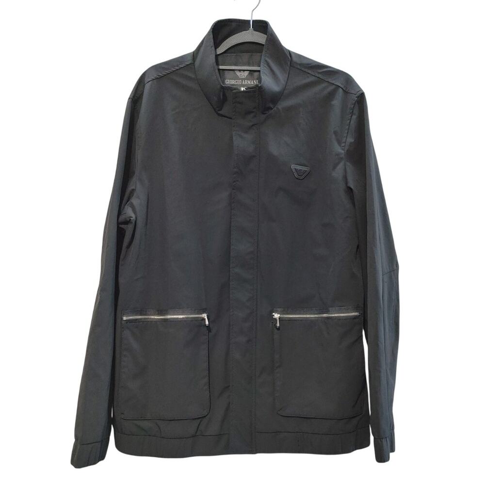 Giorgio Armani Italy Rain Coat Jacket Black Zip Pockets Cotton Womens XXL
